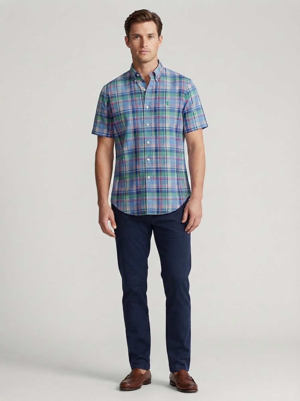 Polo Ralph Lauren Men's Large Blue Green Plaid 100% Linen Short Sleeve Shirt